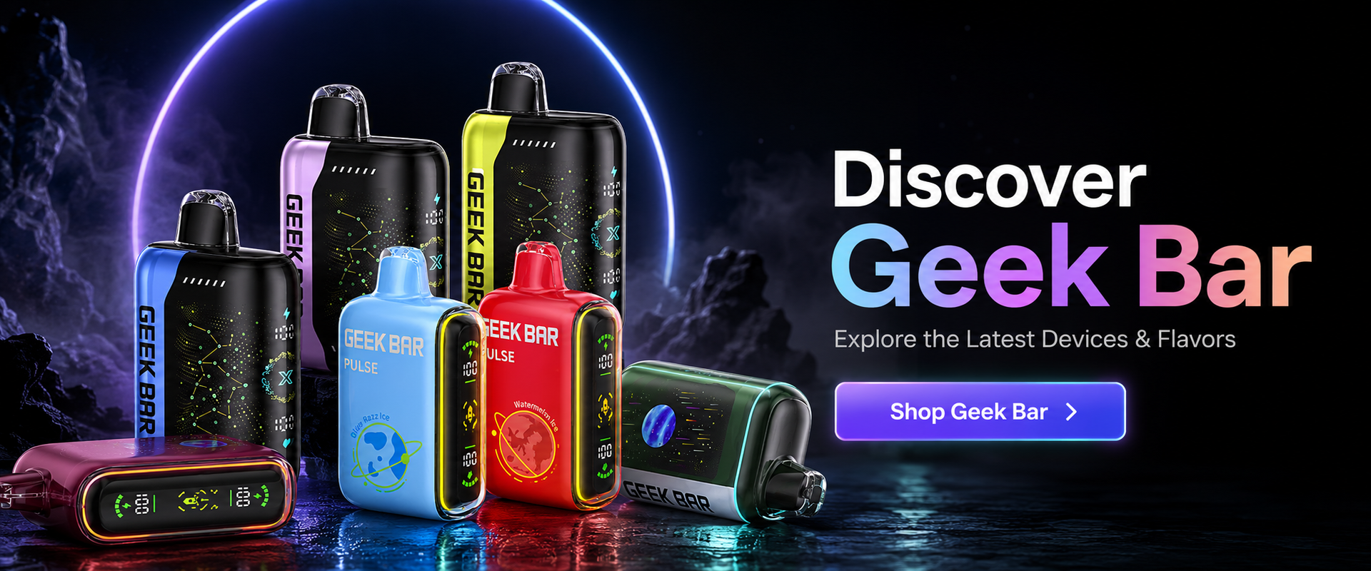 Geek Bar disposable vape devices featured in a premium dark homepage banner