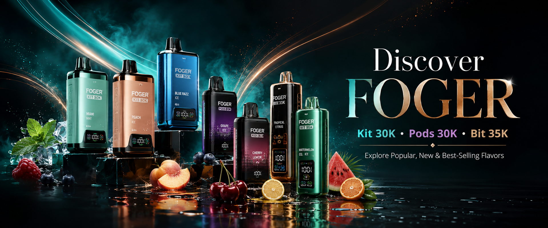 Foger disposable vape devices and pod kits in a premium homepage banner