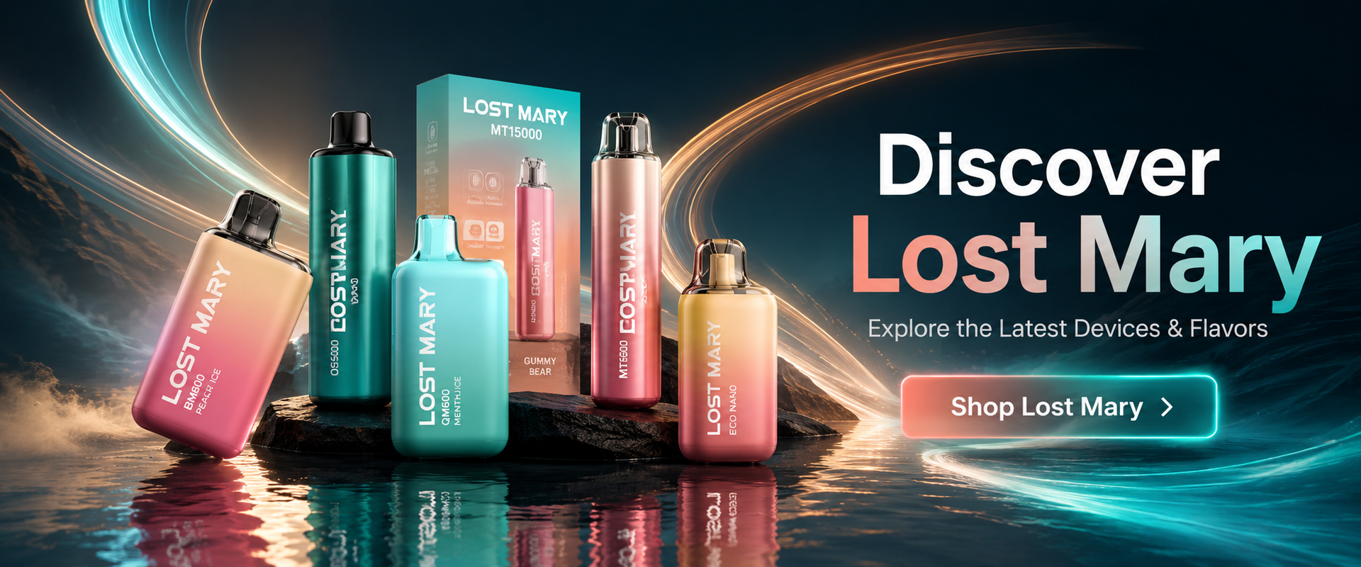 Lost Mary disposable vape devices in a premium ocean-themed homepage banner