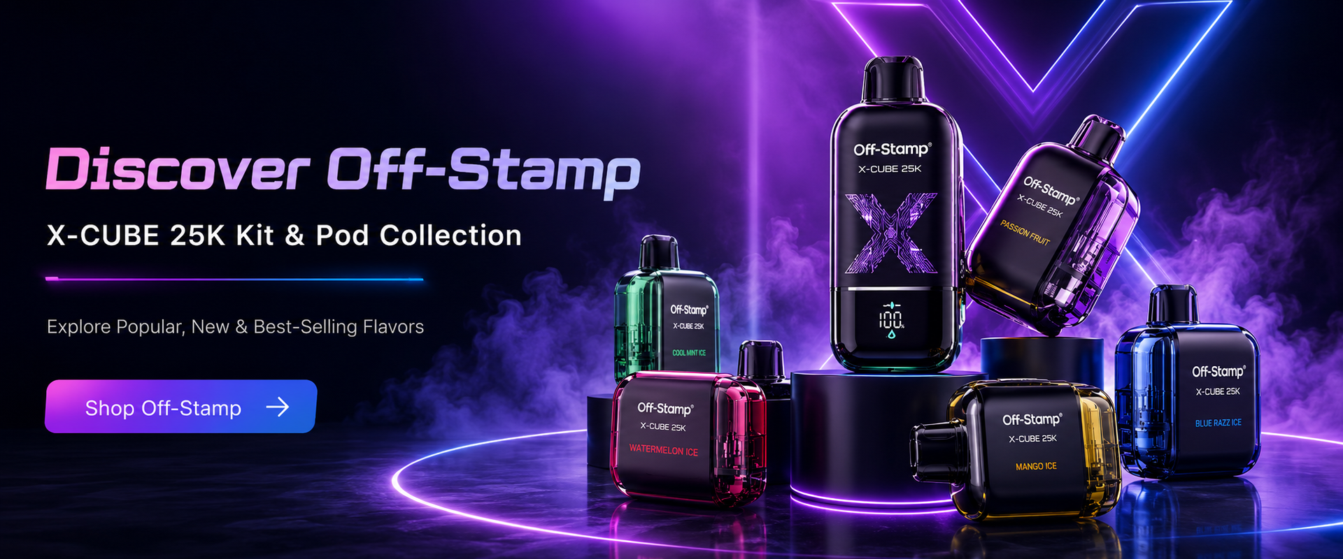 Off-Stamp disposable vape devices and charging pod systems in a premium homepage banner